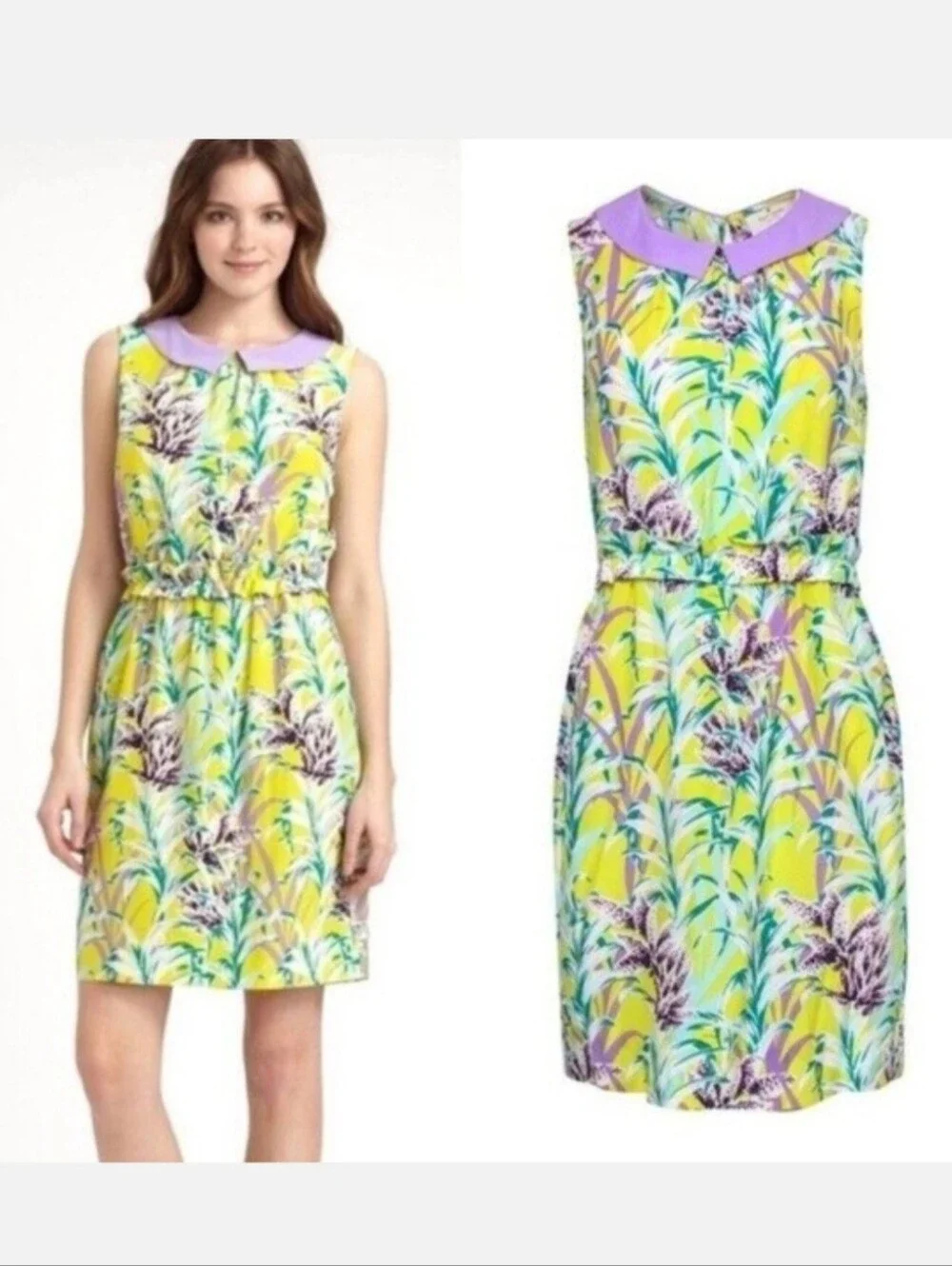 Kate Spade Yellow & Lavender Floral Print Peter Pan Collar Silk Dress